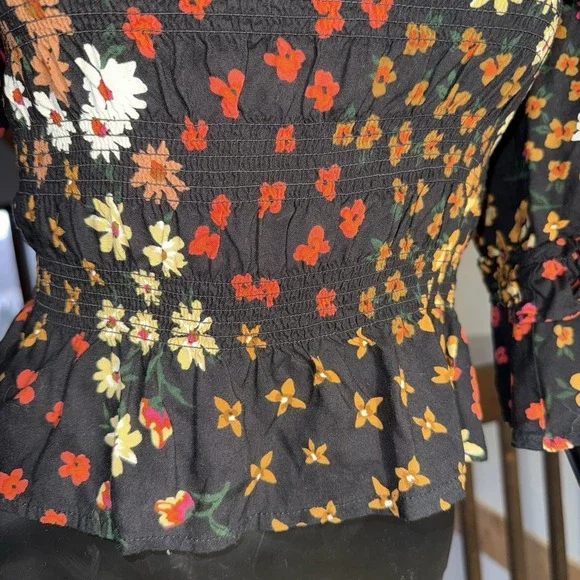 Patrons Of Peace Smocked Peasant Black Top Vibrant Flower Tiered Bell Sleeves XS - Picture 3 of 10